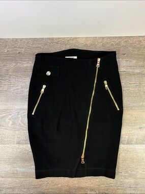 Moschino Cheap and Chic Black Virgin Wool Moto Wrap Pencil Skirt Gold Zip Size 8
